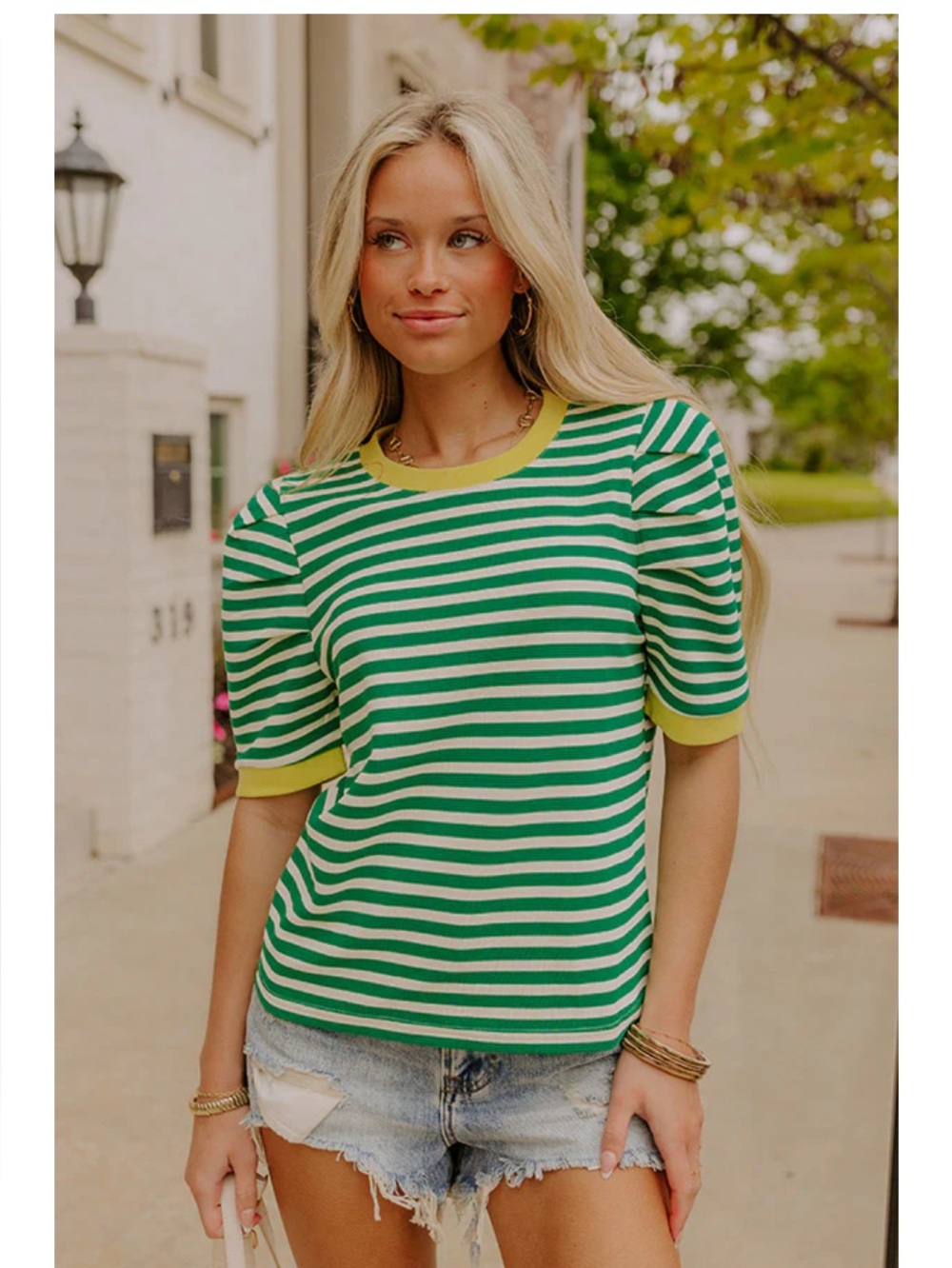Entro green striped top with yellow trim NWT Medium